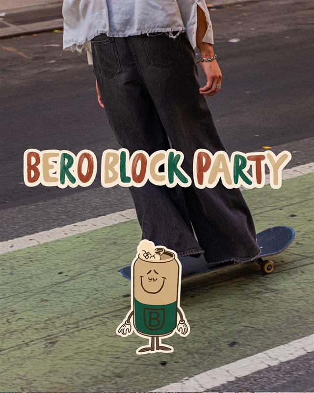 Person on skateboard with BERO BLOCK PARTY written over it