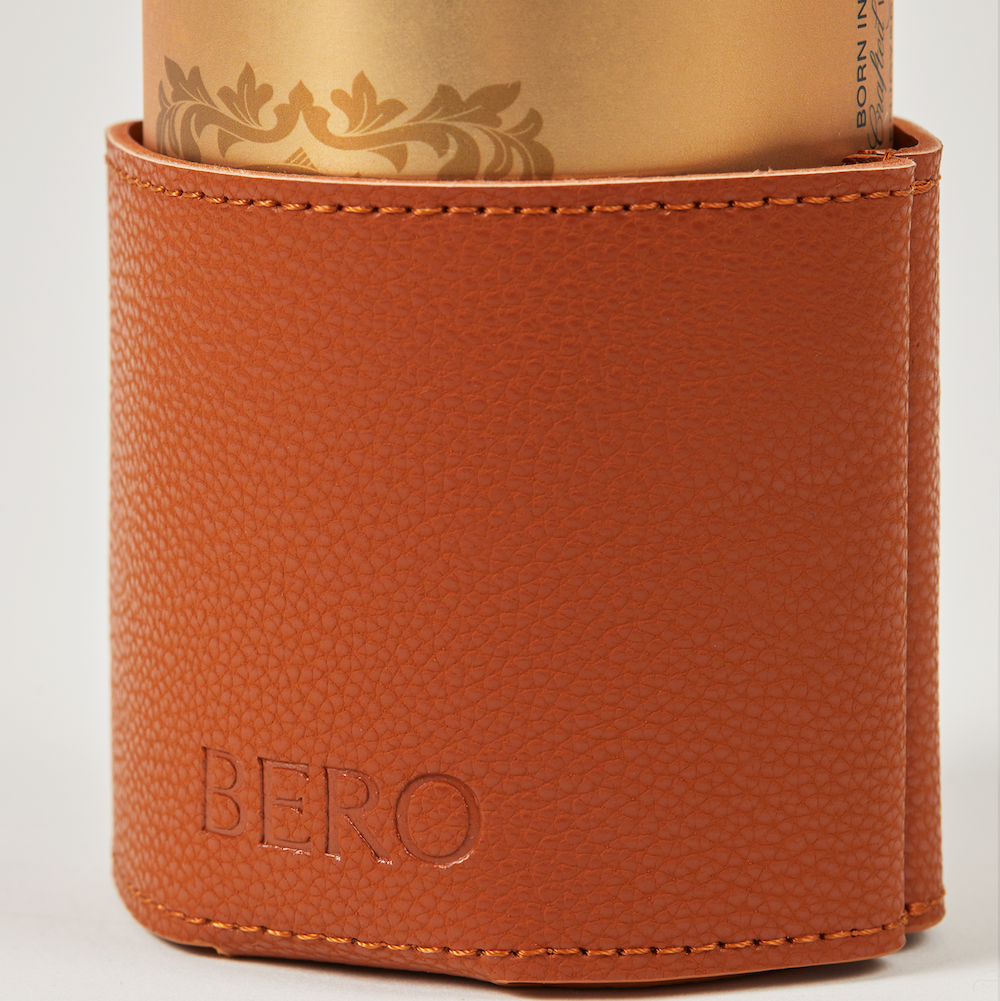 BERO inside branded leather koozie closeup