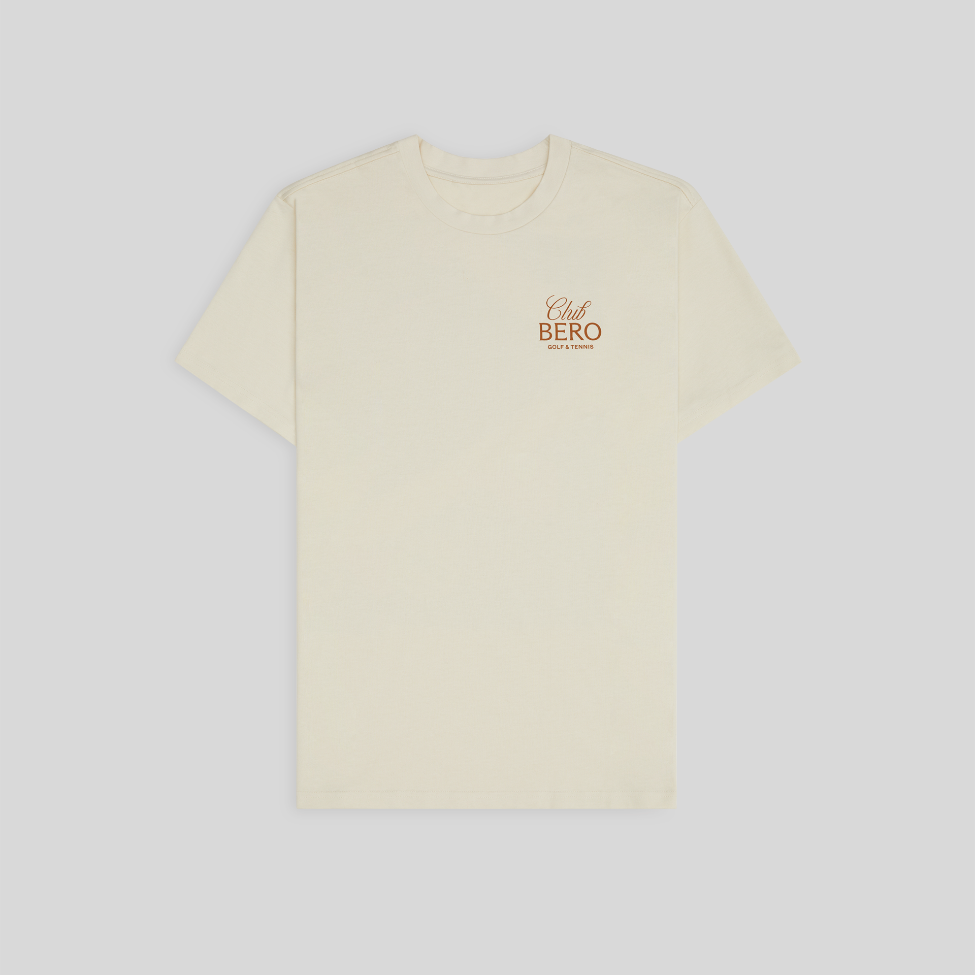 Front view of cream Club tee with "Club BERO Golf & Tennis" logo on left chest