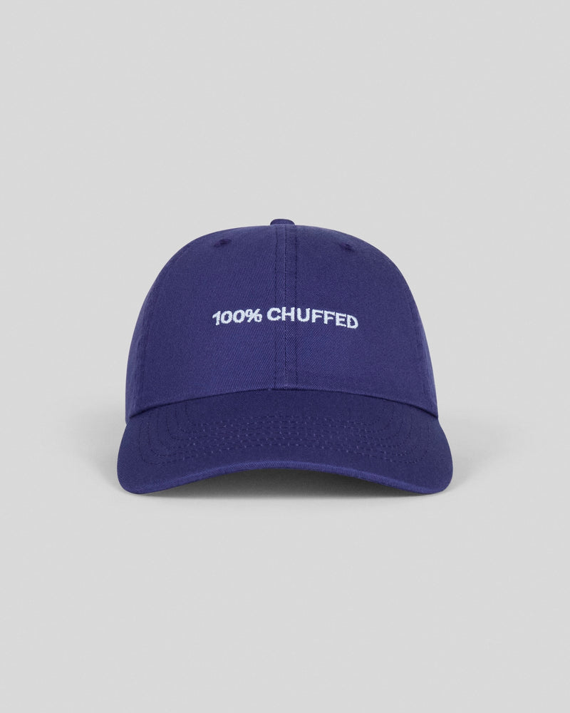 Navy blue baseball cap with white embroidered text "100% CHUFFED" on front panel