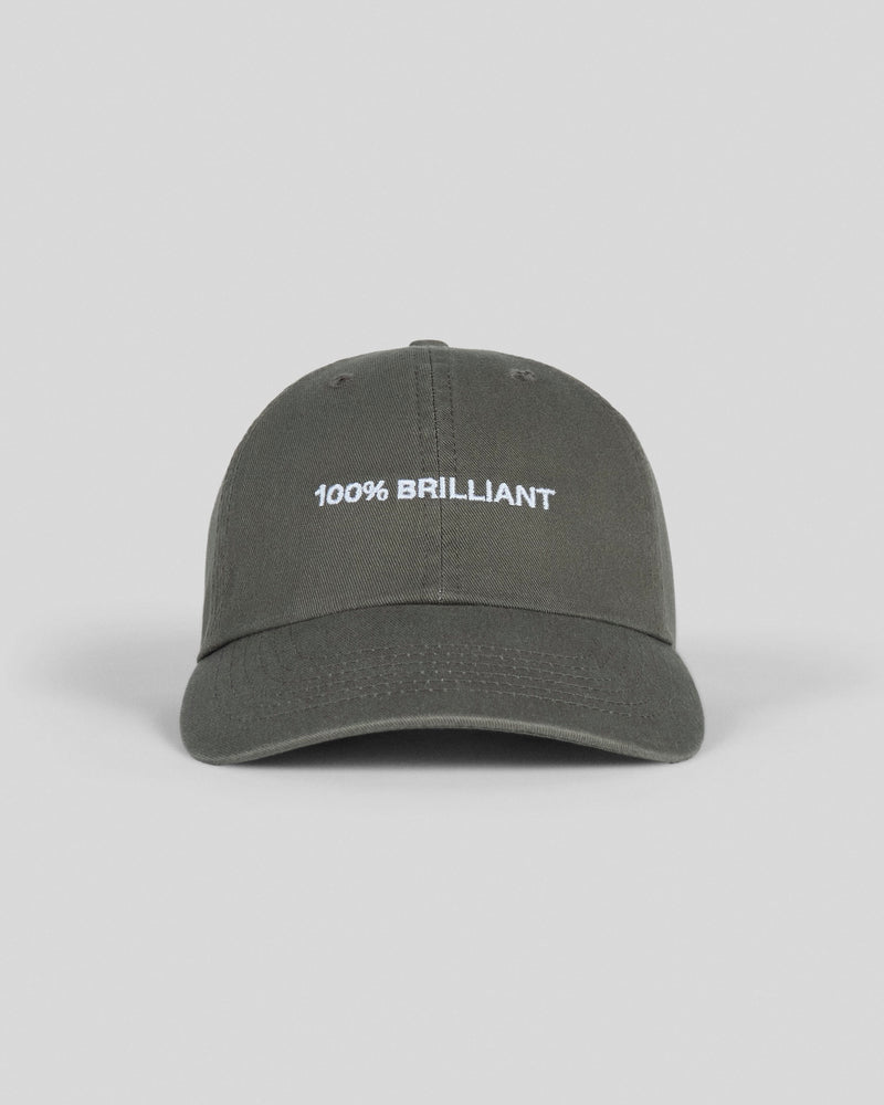 Olive green baseball cap with white "100% BRILLIANT" text embroidered on front panel