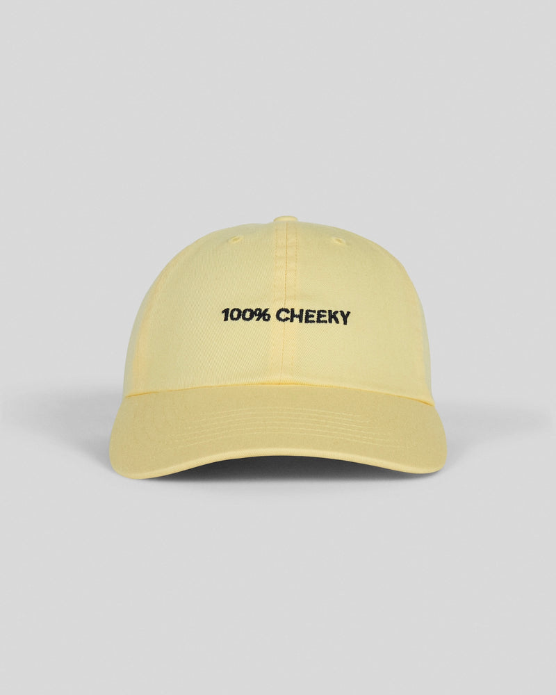 Yellow baseball cap with "100% CHEEKY" embroidered in black text on the front panel