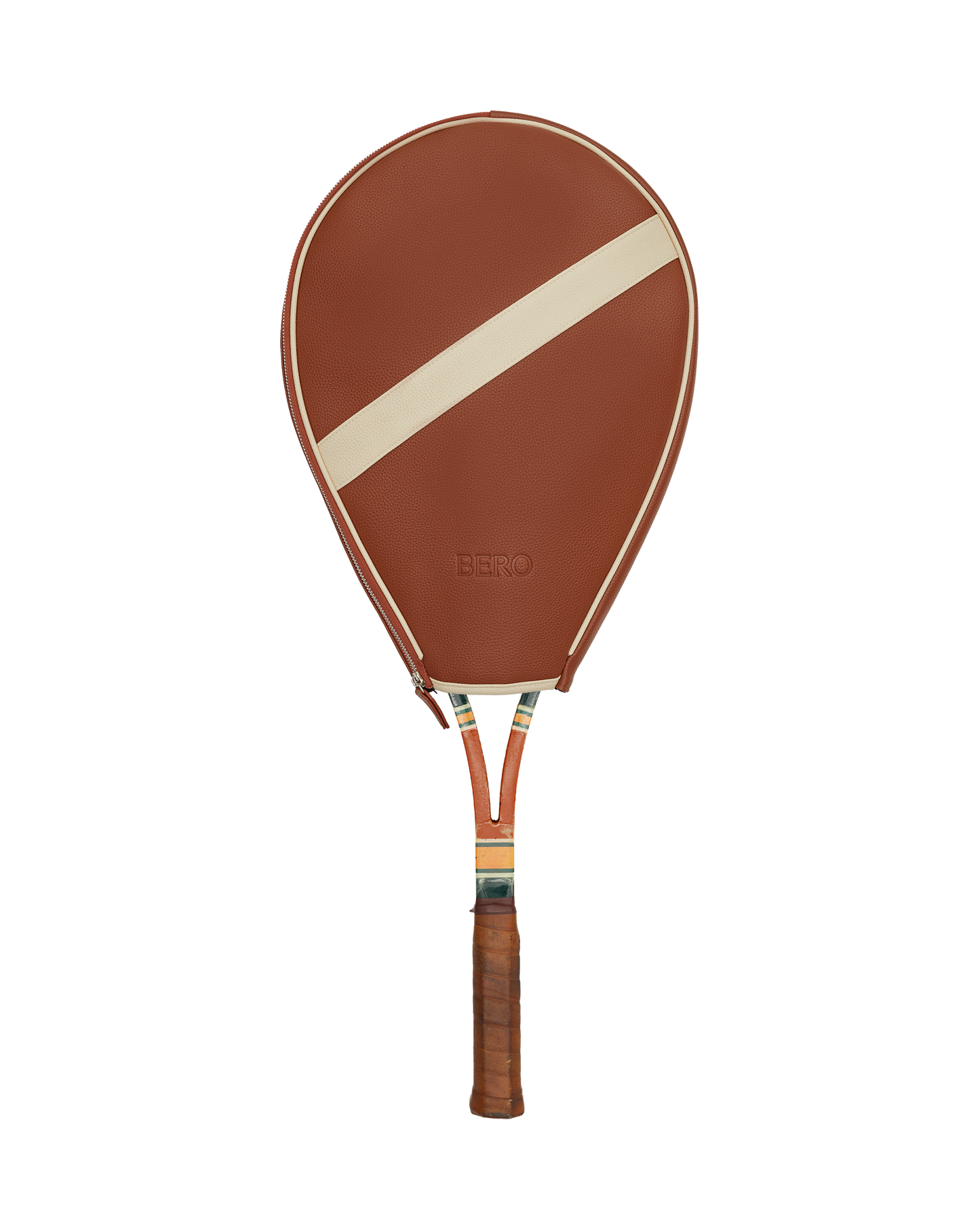 Leather BERO tennis racquet cover on wooden racquet