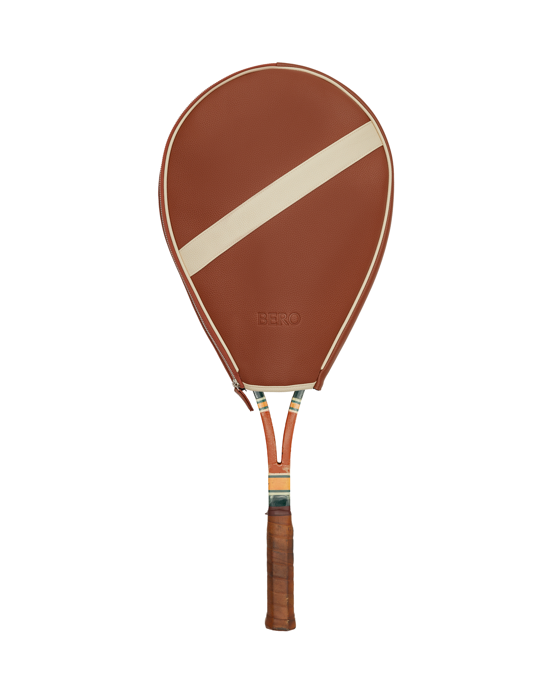 Leather BERO tennis racquet cover on wooden racquet