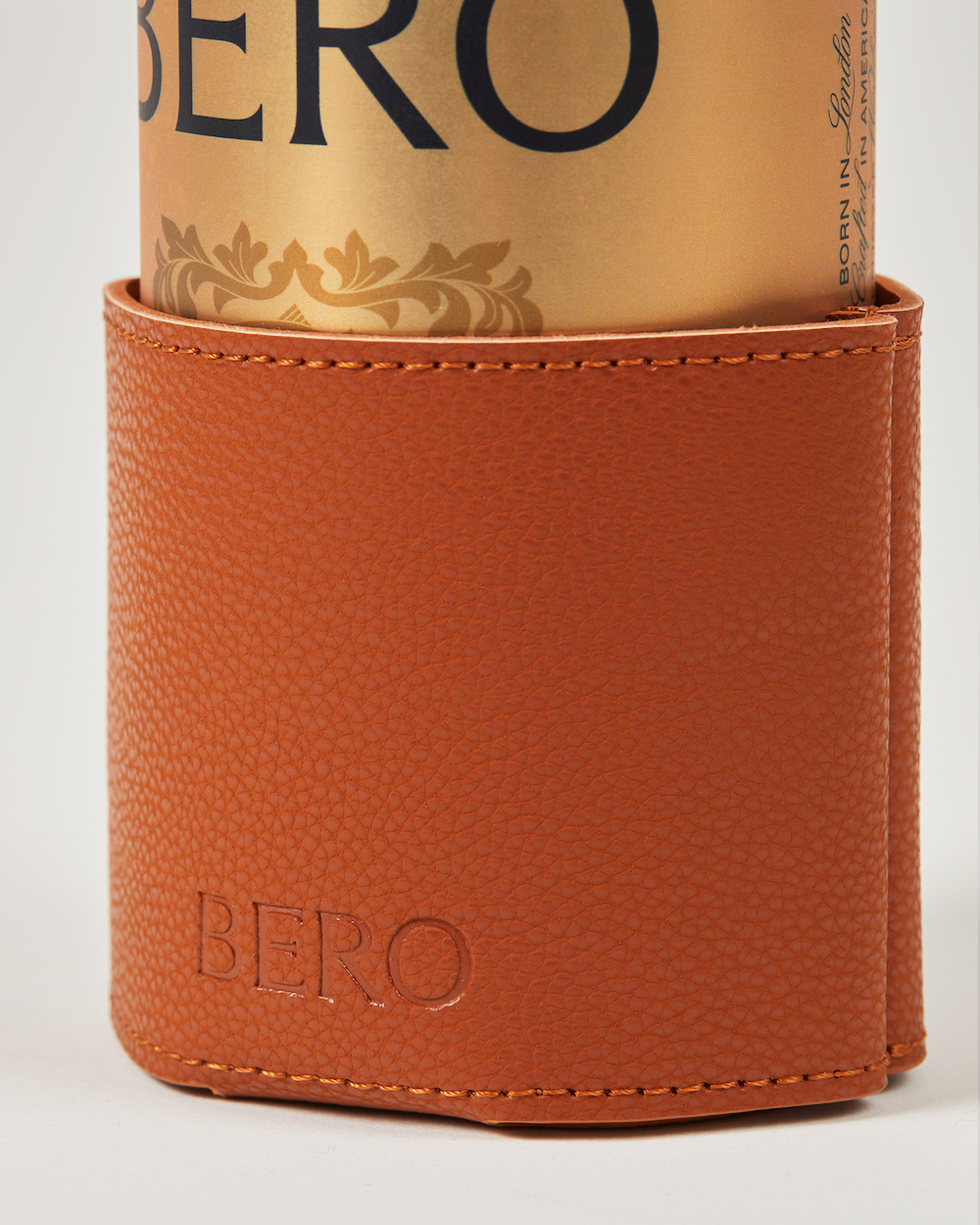 BERO inside branded leather koozie closeup