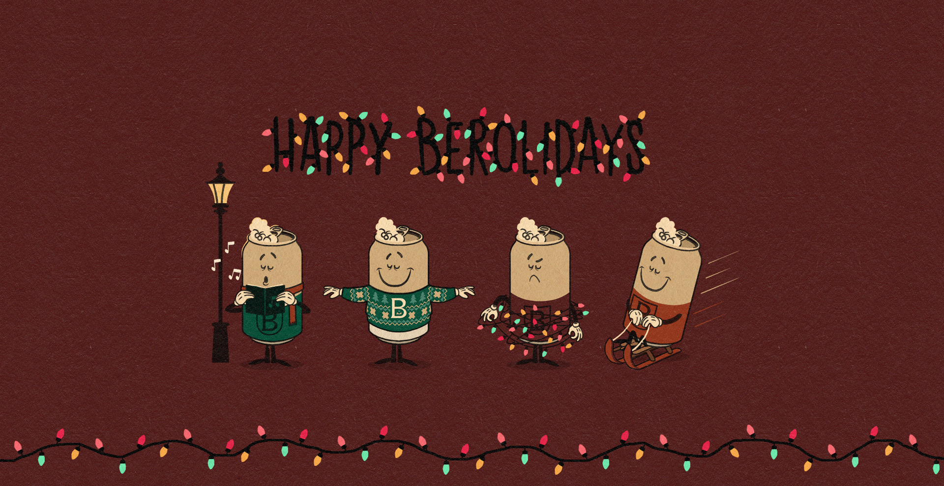 Four BERO cans and HAPPY BEROLIDAYS in festive lights