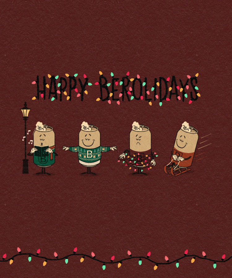 Four BERO cans and HAPPY BEROLIDAYS wrapped in festive lights