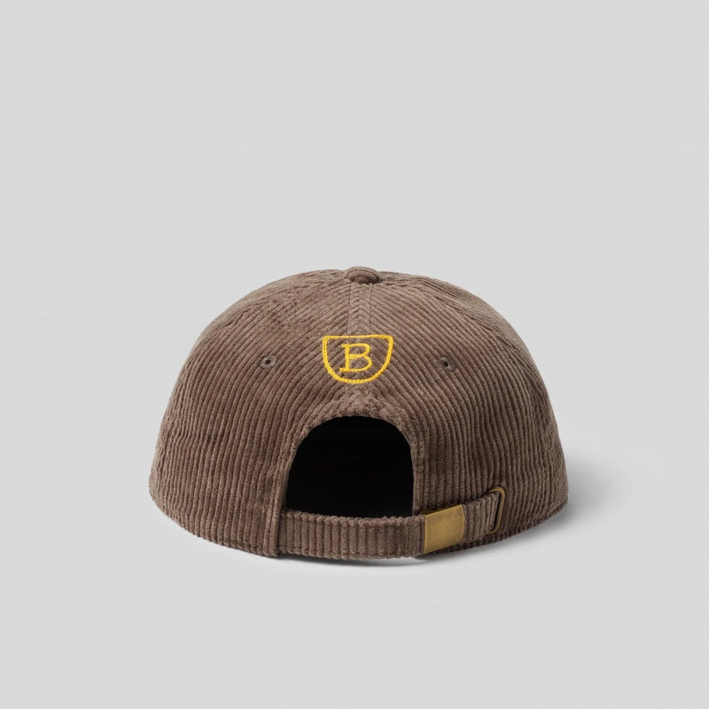 Back view of brown corduroy baseball cap with yellow embroidered "B" logo and matching yellow accent on adjustable strap