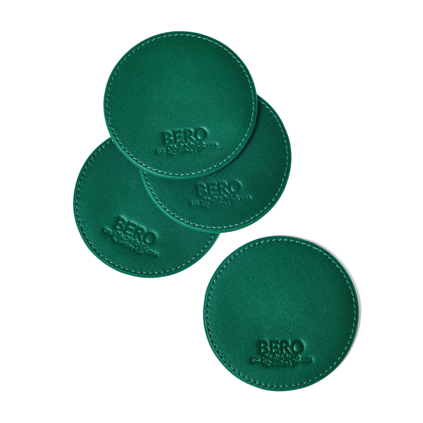 Green leather coasters with BERO embroidery