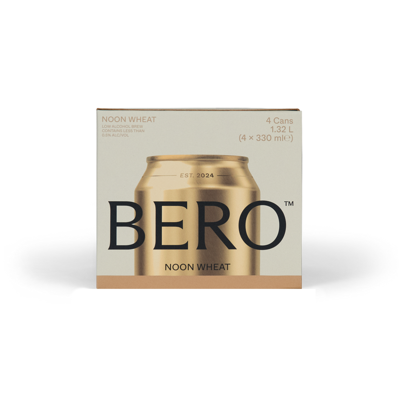 BERO Noon Wheat 4-pack of gold cans in cardboard carrier, low alcohol wheat beer, 1.32L total