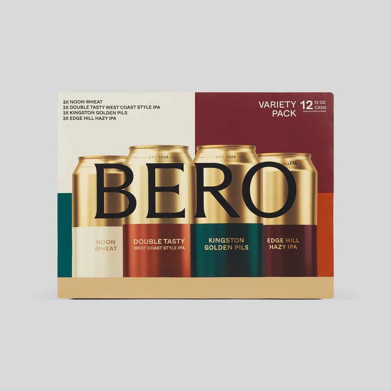 BERO Classics Variety Pack with 12 cans featuring four non-alcoholic beer styles in gold cans