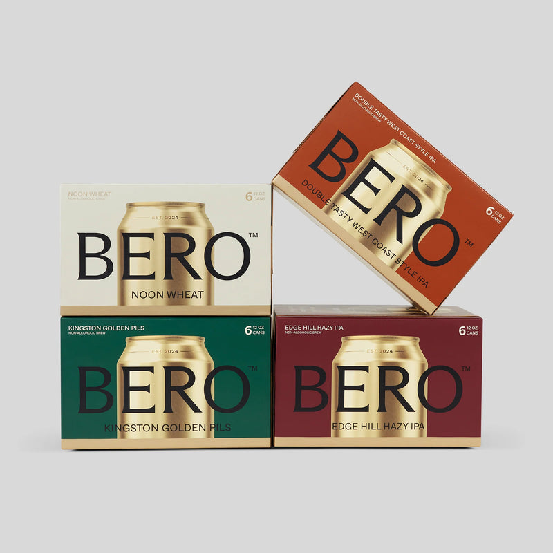BERO non-alcoholic beer 6-pack variety featuring Noon Wheat, Kingston Golden Pils, and Edge Hill Hazy IPA