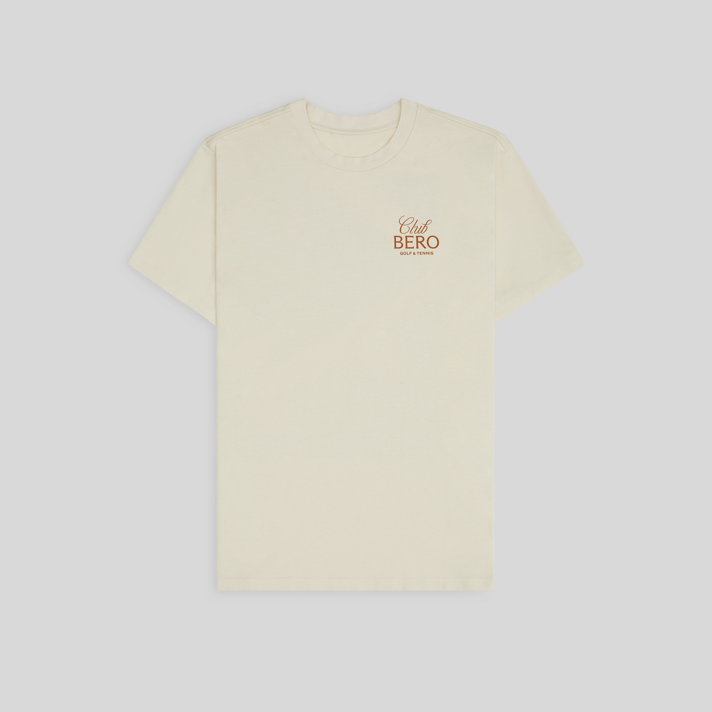 Front view of cream Club tee with "Club BERO Golf & Tennis" logo on left chest
