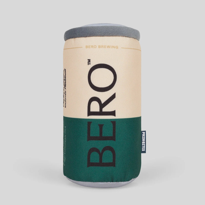 BERO beer can-shaped dog toy with cream and green fabric design featuring the BERO logo