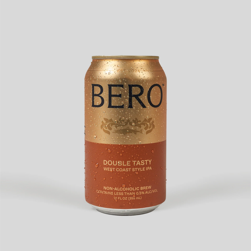 BERO Double Tasty West Coast Style IPA can with gold and orange design, water droplets on surface