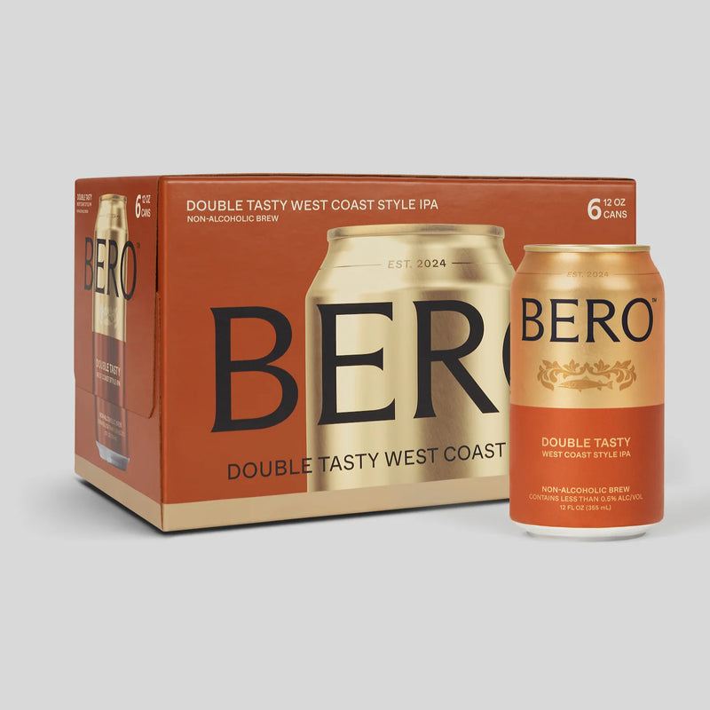 BERO Double Tasty West Coast Style IPA 6-pack box with two cans displayed, orange and gold packaging