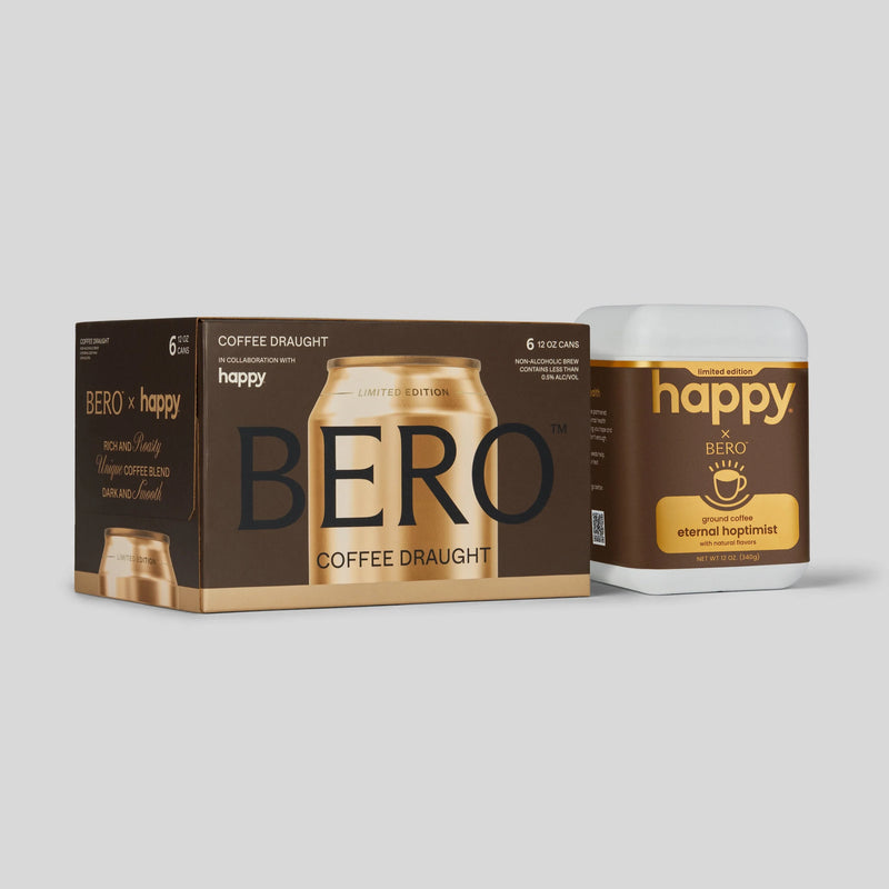 BERO Coffee Draught 6-pack and Happy brand ground coffee "eternal hoptimist" bag displayed together on white background