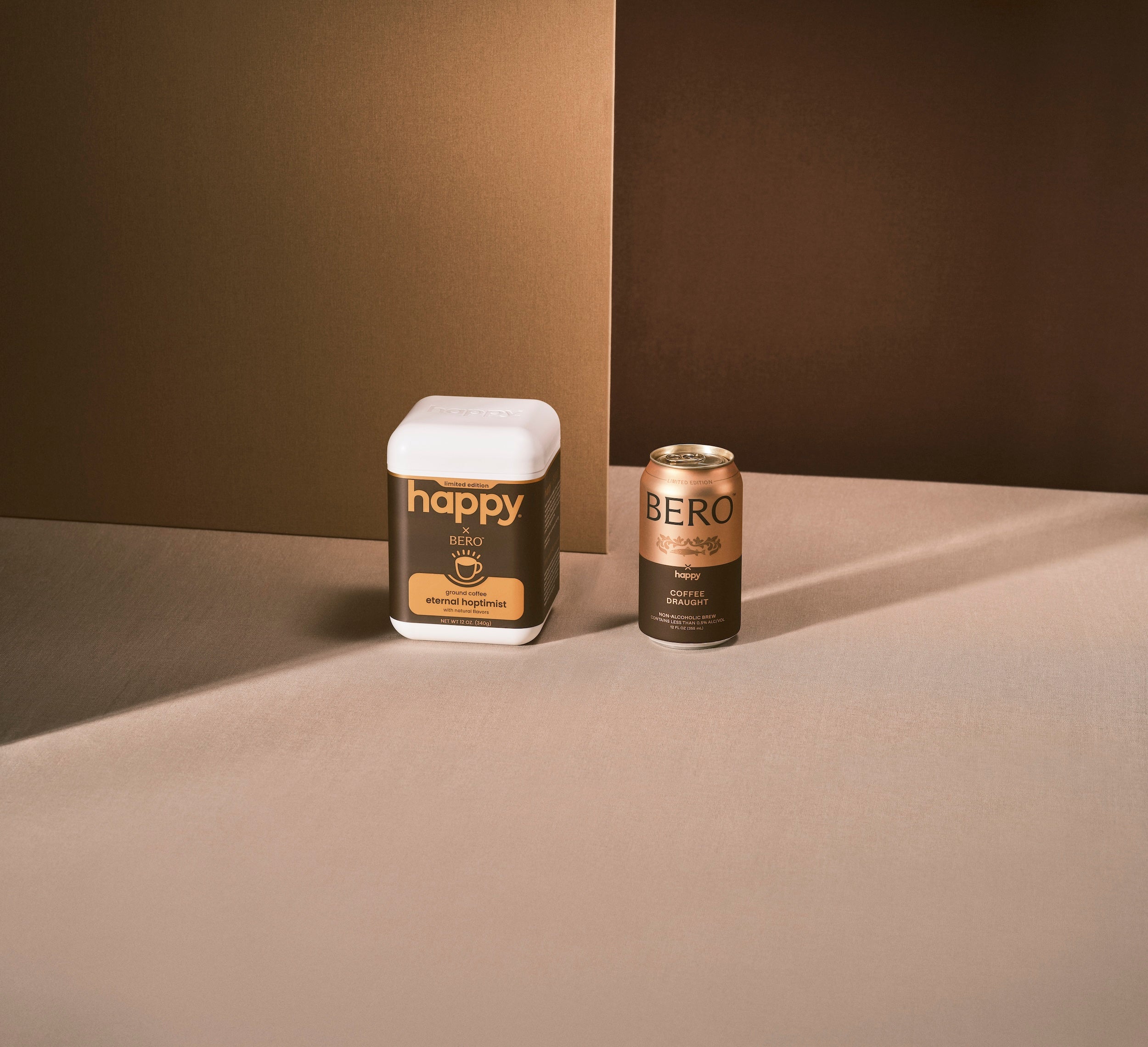 Canister of happy ground coffee and BERO Coffee Draught on a neutral background