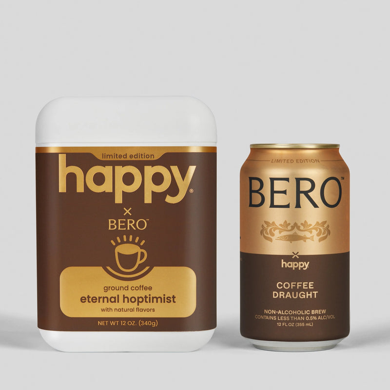 Limited edition BERO and Happy collaboration products: brown coffee canister labeled "eternal hoptimist" and gold coffee draught can