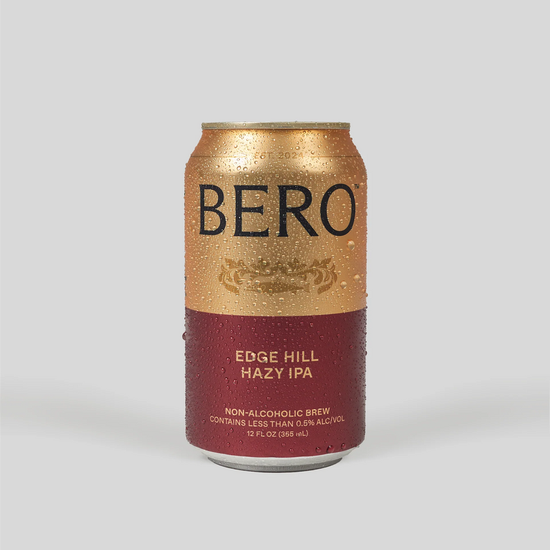BERO Edge Hill Hazy IPA can with gold and burgundy design, covered in water droplets