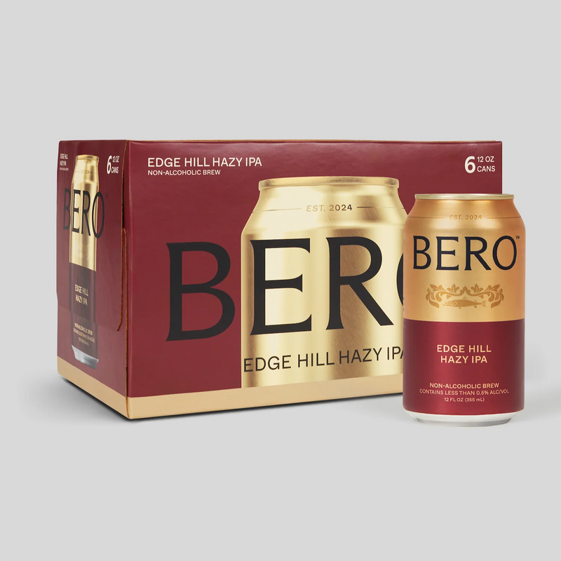 BERO Edge Hill Hazy IPA 6-pack box with gold and burgundy design alongside single can