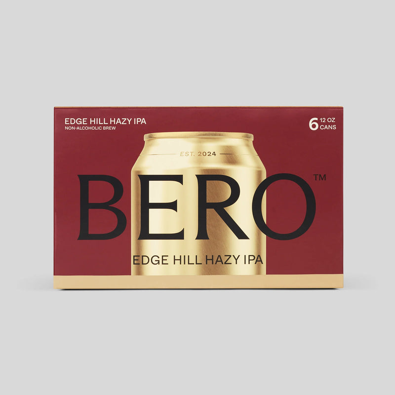 BERO Edge Hill Hazy IPA 6-pack in red and gold packaging with golden beer can visible