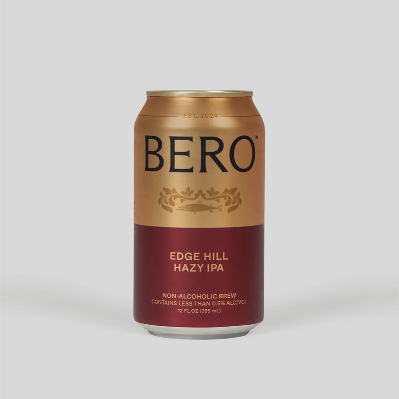 BERO Edge Hill Hazy IPA can with gold and burgundy design on gray background