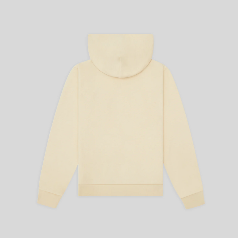 Back view of a cream-colored pullover hoodie laid flat against a gray background