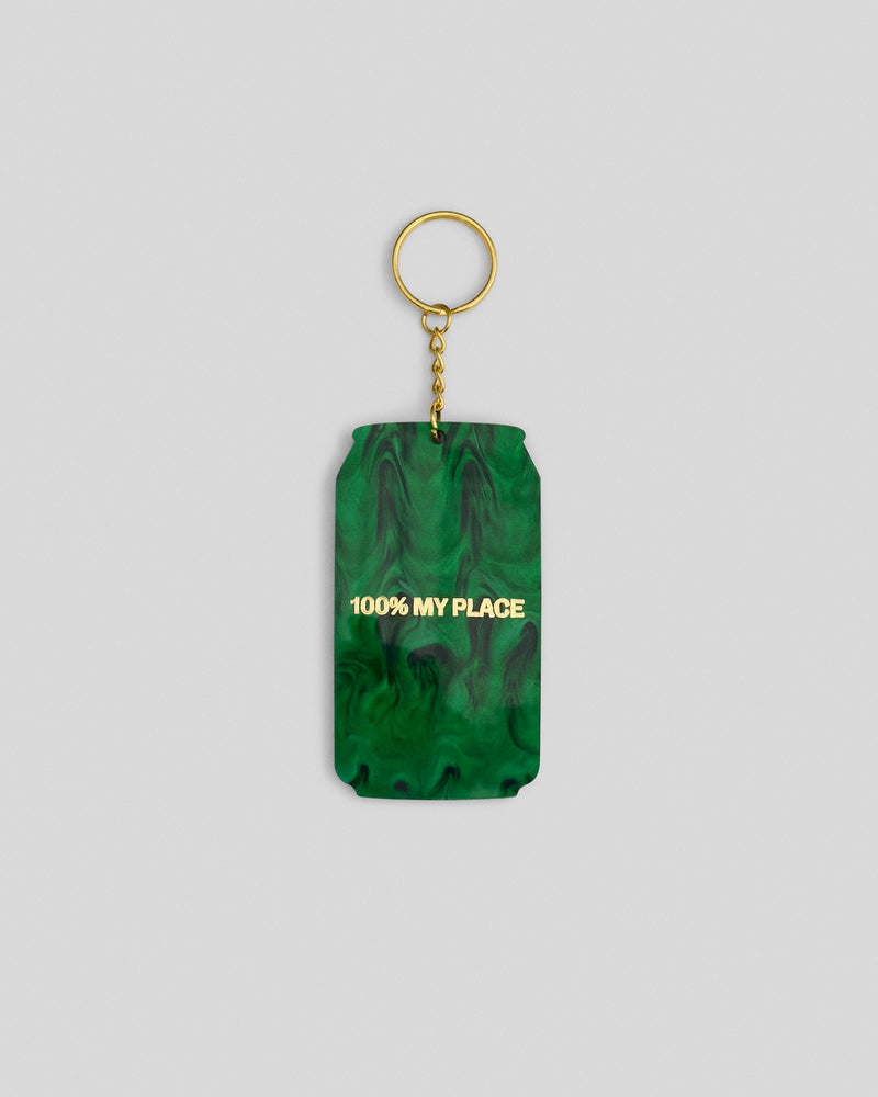 Green marbled keychain with gold chain and ring displaying "100% MY PLACE" text in yellow lettering