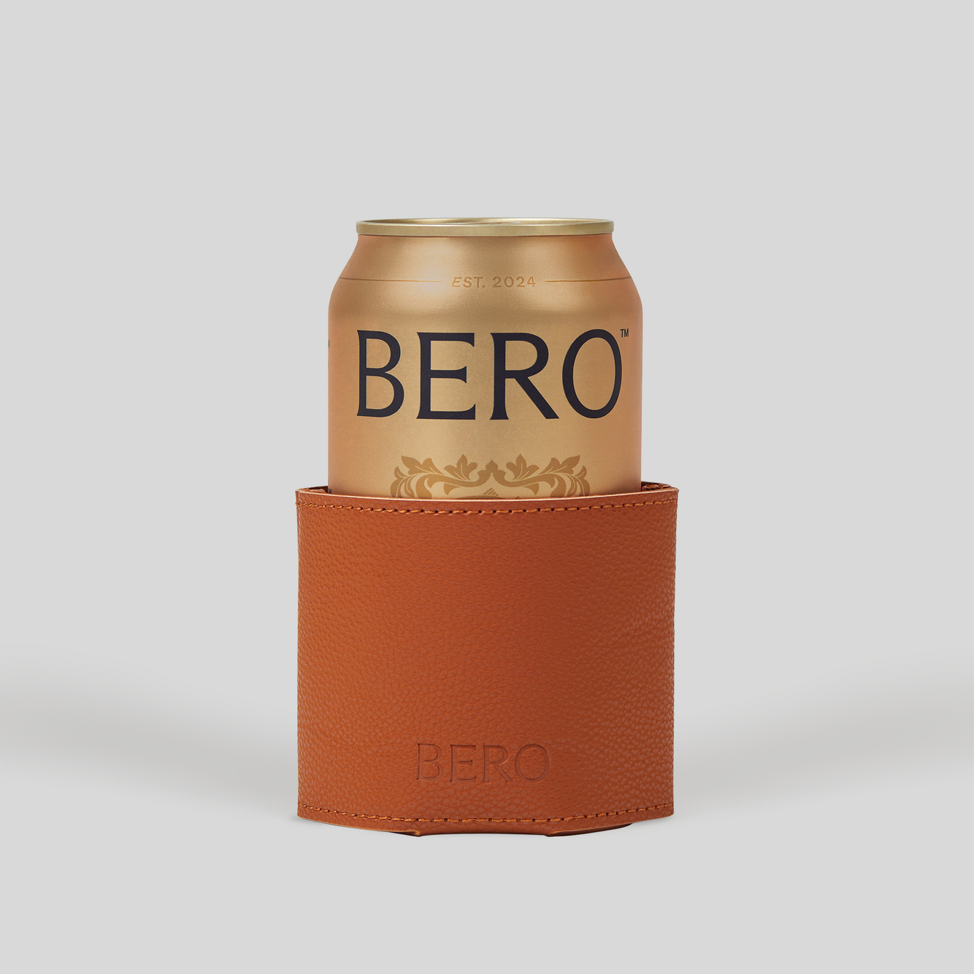 BERO can in brown leather koozie with BERO embroidered