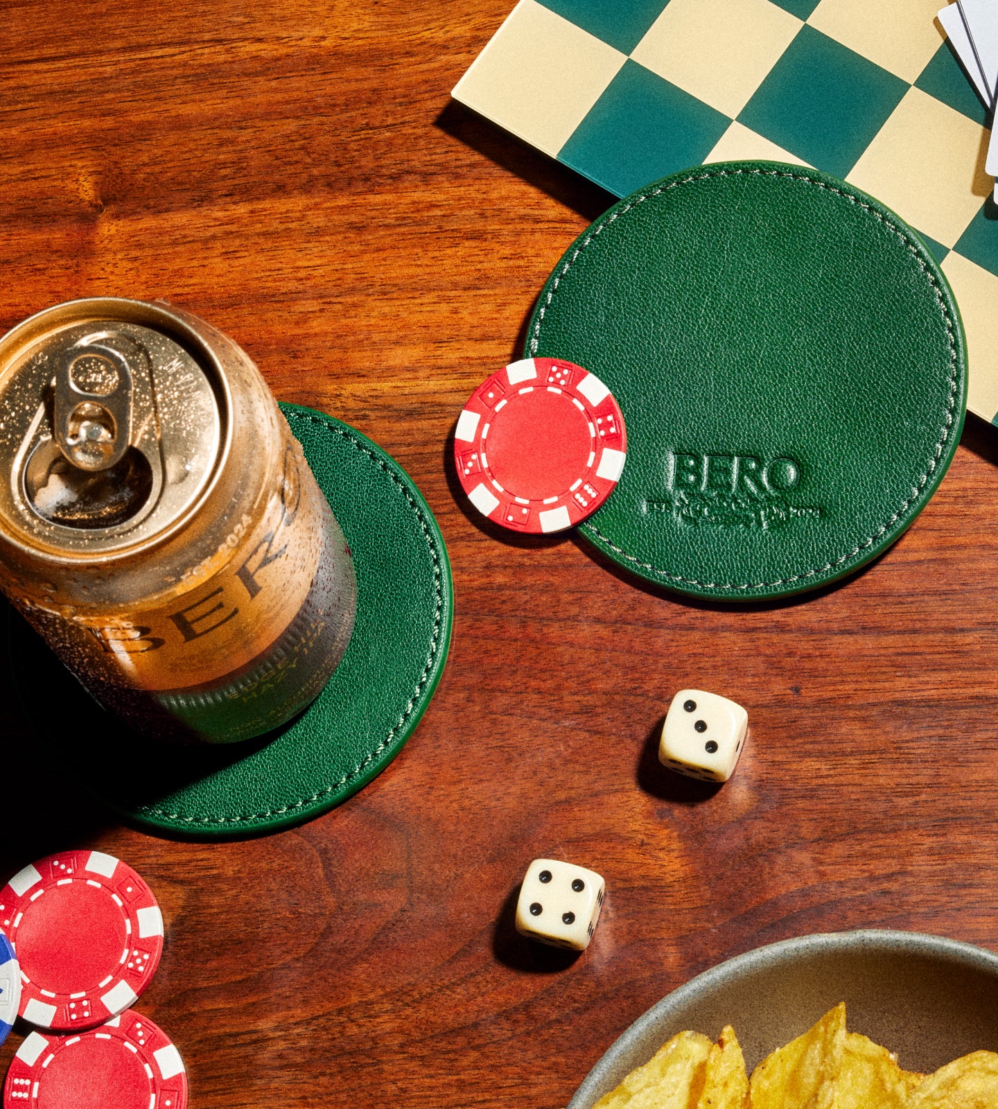 Green BERO coasters with beer and poker chips