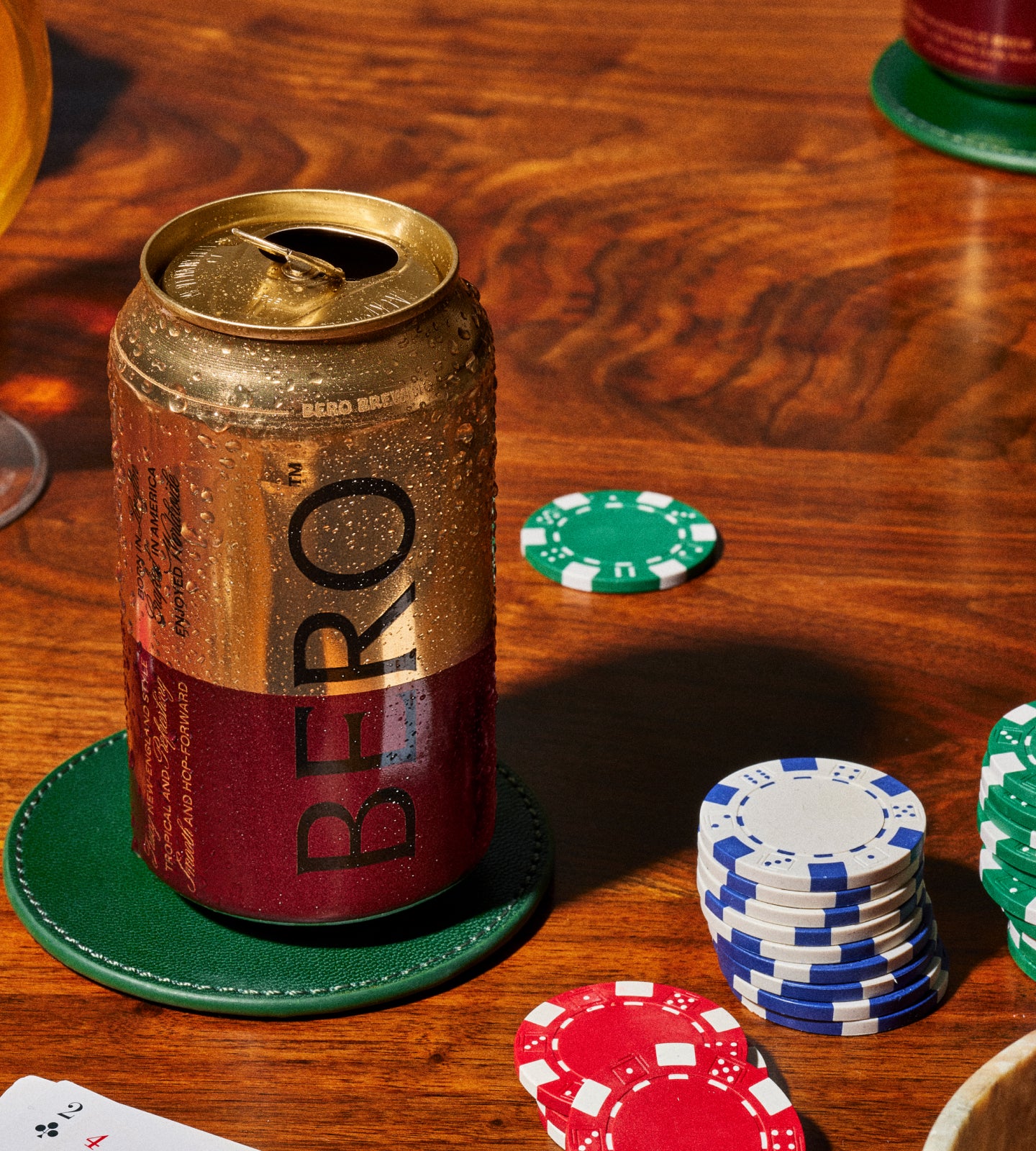 Green BERO coasters with Edge Hill Hazy IPA and poker chips