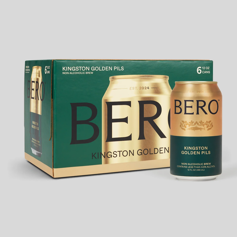 BERO Kingston Golden Pils 6-pack box and single can in green and gold packaging, non-alcoholic beer established 2024