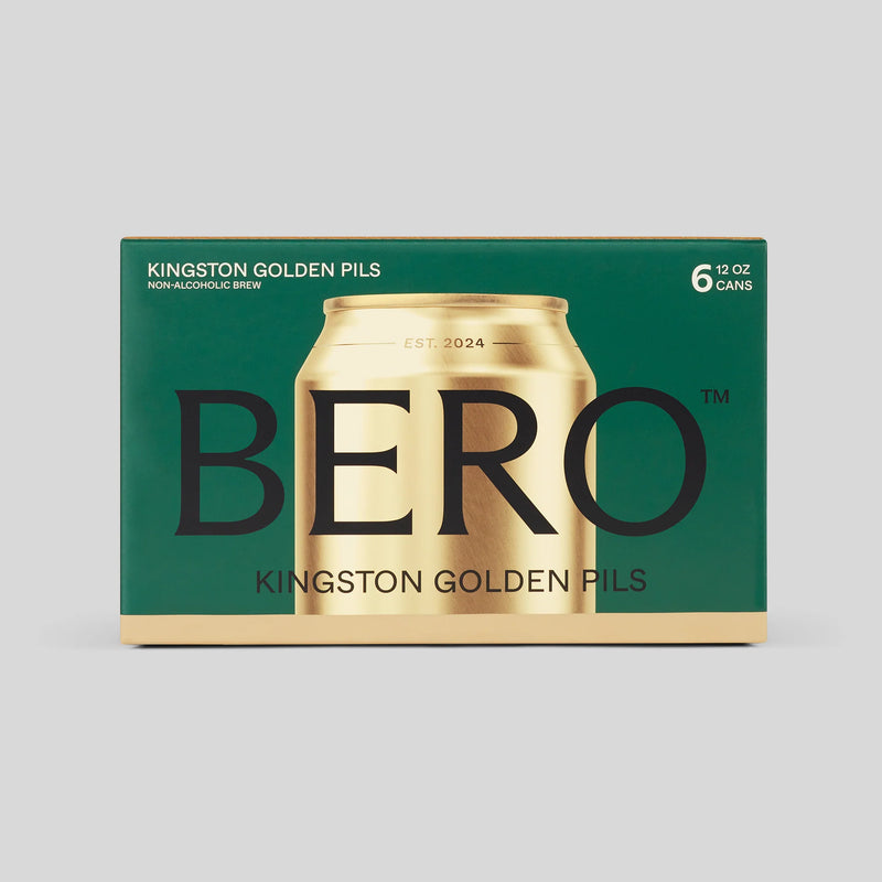 BERO Kingston Golden Pils 6-pack in green and gold packaging with one golden can prominently displayed in front