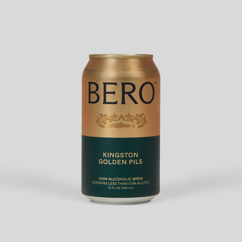 BERO Kingston Golden Pils non-alcoholic beer can with gold and dark green design on gray background