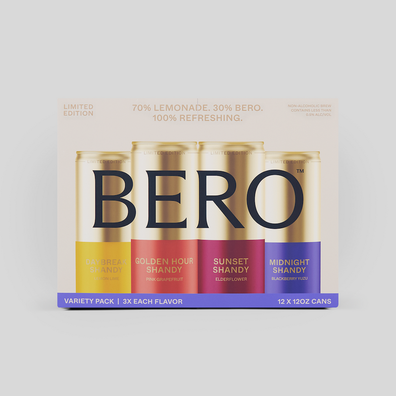 BERO Shandy Variety Pack showing 12 cans in 4 flavors: Daybreak, Golden Hour, Sunset, and Midnight