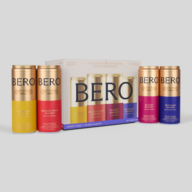 BERO Shandy Variety Pack with individual cans in Daybreak, Golden Hour, Sunset, and Midnight flavors