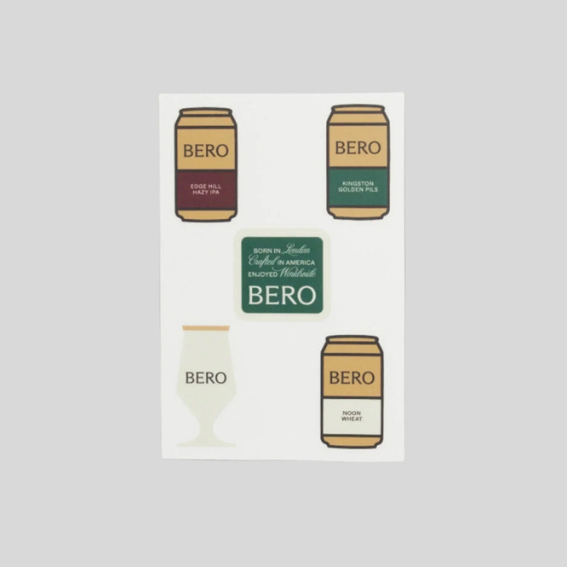 BERO sticker sheet featuring four beer can designs and one logo sticker with "Born in London, Crafted in America, Enjoyed Worldwide" text