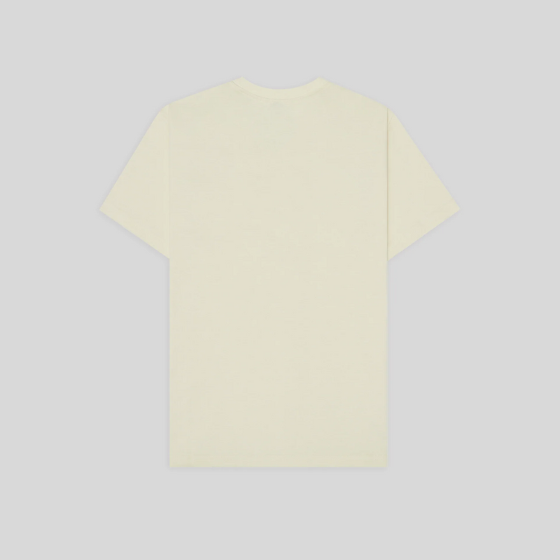 Cream colored short-sleeve t-shirt displayed against gray background