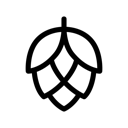 Black line drawing of a hop cone with layered petals and leaves